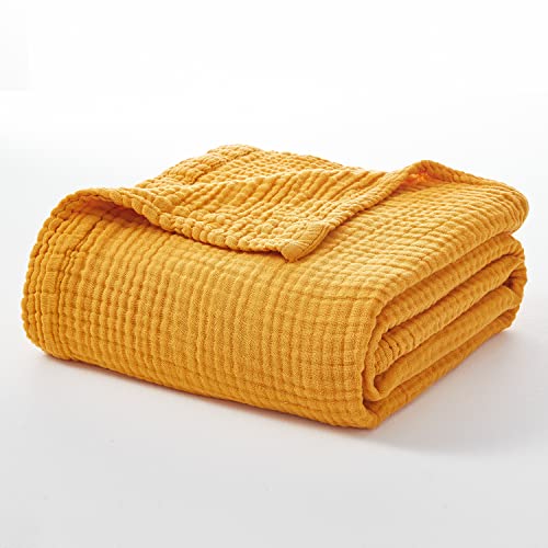 EMME Cotton Twin Blanket 100% Muslin Blanket for Couch Breathable Gauze Blanket All Season Soft and Lightweight Pre-Washed (Mustard Yellow, 60"x80")