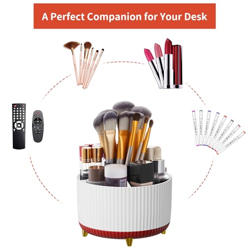 Image of Marbrasse Desk Organizer, 360-Degree Rotating Pen Holder, Desk Organizers and Accessories with 5 Compartments Pencil Holder, Art Supply Storage Box Caddy for Office, Home (White+Red)