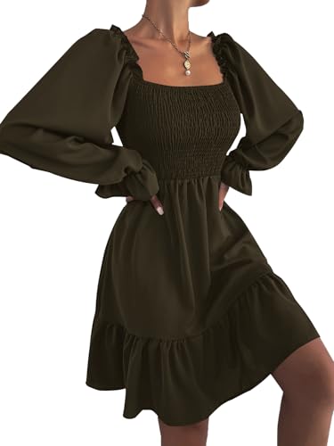 Image of LYANER Women's Square Neck Lantern Long Sleeve Shirred Ruffle A Line Flowy Party Mini Dress