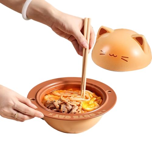 Generisch Bowl,Lindo Gato Instant Fideos Tazones Con Tapa - Vajilla Con Cuchara Y Palillos Para Ensalada Avena Granola Desayuno Almuerzo Oficina
