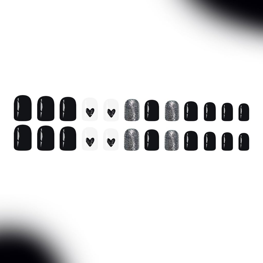 24PCS Black Heart Long Lasting ABS False Nails for Parties, Daily Wear & Sensitive Skin