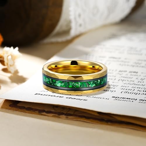 8mm Mens Tungsten Wedding Bands 14K Gold White Black Gold Plated Tungsten Rings for Men with Created Emerald/Ruby/Meteorite Inlay Promise Rings Hammer Comfort Fit Size 7-144