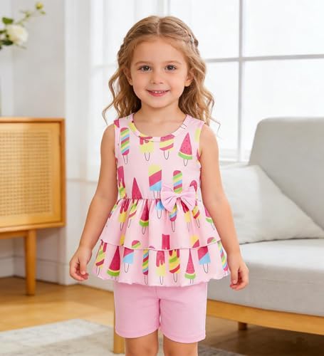 Image of Girls 2 Piece Outfit Summer Short Set Sleeveless Bow Knot Tank Top and Shorts Cute Clothes for Toddler Girls