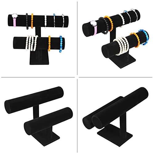 Qcwwy Interior de Madera Material Antiestático Joya de Joyería T-Bar Organizador de Exhibición para Relojes, Pulseras, Collares, Color Negro, Ideal para Múltiples Joyas, Ahorro de Espacio (2 niveles)