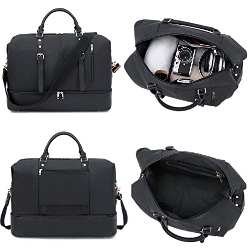 Weekender Overnight Bag Oversized Travel Duffel Leather for Men and Women Carry On Tote Shoe Compartment (Black-D)