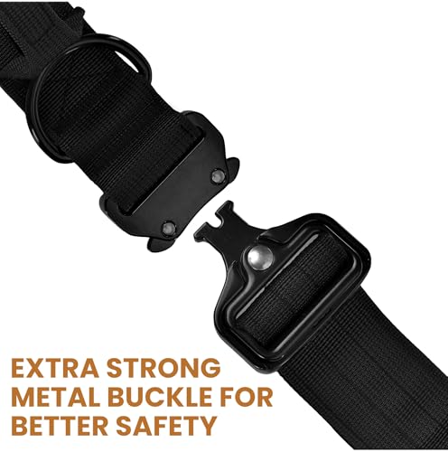 Image of Wooflix Metal Dog Collar for Training and Walks | Nylon Collar with Tactical Metal Buckle and D-Ring for Medium and Large Dogs | Dog Collar for Heavy Breed Dogs (Black T2, Large)