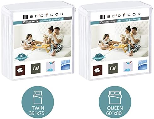 Bedecor Bedding Set of 2 (Twin and Queen) Mattress Protector Soft Waterproof Cotton Terry Top Mattress Cover for Babies Pregnant Women Incontinent Seniors Deep Pocket 18" White