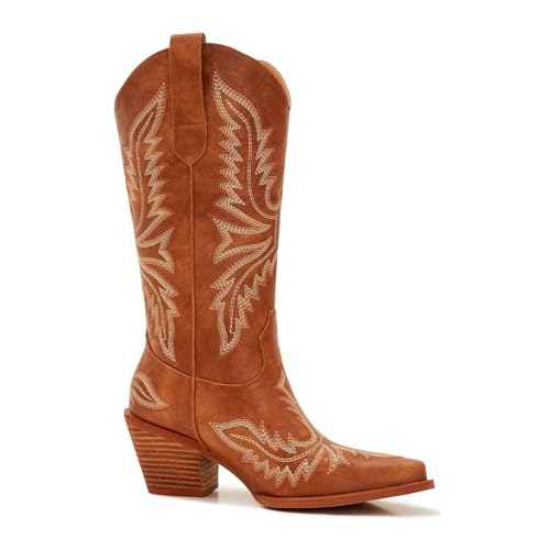 Image of Cowboy Boots for Women - Embroidered Western Cowgirl Boots with Fashion Snip Toe, 1.75-Inch Low Block Heel and All-Day Comfort Fit