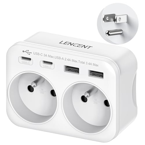 LENCENT Adaptateur de Voyage Type B - 6 en 1 vers USA/Canada/Mexique/Thaïlande - Prise Française avec 2 Prises AC et 2 Ports USB-A,2 Ports USB-C -pour...