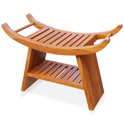 Woodridge Grove Teak Shower Bench for Inside Shower - Heavy Duty Shower Chair with Ergo Curved Teak Shower Seat Design & Nonslip Feet - 350lbs Cap Teak Bath Stool, Shower Foot Stool for Indoor Outdoor