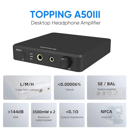 Image of Topping A50 III NFCA Headphone Amplifier, 3500mW x 3500mW Home Audio Headphone Amp, RCA /TRS to 4.4mm /6.35mm Earphone Output with 3 Gain Settings 12V Trigger for IEM, Black