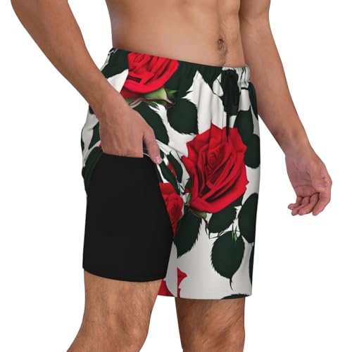 Rustic Red Rose Print Men Stylish Functionality Swim Trunks Breathable Beach Shorts Surfing Gym Fishing3