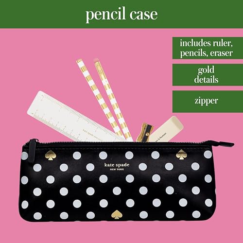 Kate Spade New York Długopis i piórnik z przyborami szkolnymi, etui na zamek błyskawiczny zawiera 2 ołówki, temperówkę, gumkę i linijkę, Polka Dot, Klasyczny