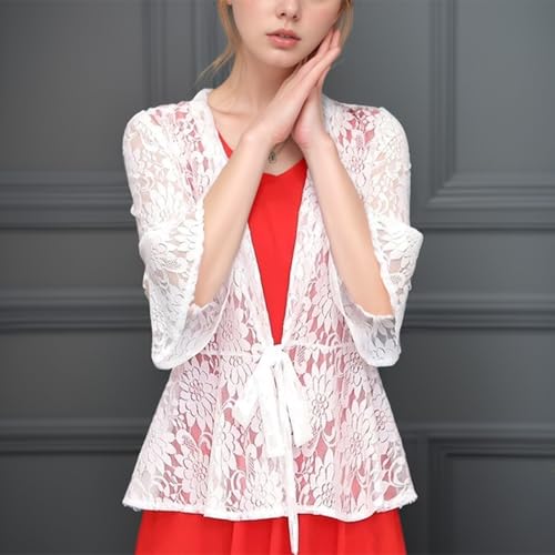 Image of FindThy Women's 3 /4 Flare Sleeve Lace Cardigan Tie Knot Front Floral Knitted Cover Up Shrugs
