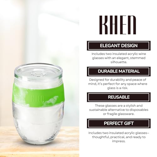Image of Freezable Wine Tumbler Set with Lids & Green Grip - 2 Set - 13 oz Tumblers Insulated Cooling Gel Glasses - Reusable Double Wall Stemless Cups for Keeping Drinks Cold, Outdoor Entertaining & Gifts
