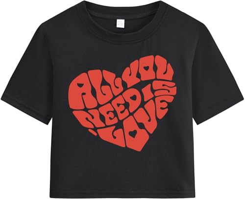 Image of Girls Valentine T-Shirts Crop Tops Short Sleeve Shirts Little Kids Love Heart Graphic Tees