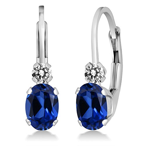 Gem Stone King 14K White Gold Blue Created Sapphire and White Diamond Leverback Earrings For Women | 1.07 Cttw | Gemstone September Birthstone | Oval 6X4MM, Round 2MM | 3/4 Inch