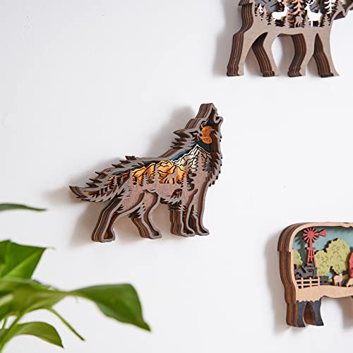 Wujiedi Wooden Forest Animal Figurines And Statues For Home Decor, 3D Aesthetic Wolf Wall Art Sculptures For Office Desk Centerpiece Table Decorations, Rustic Christmas Tree Ornaments Crafts & Gifts #TOP4