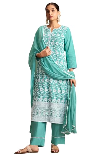 Image of DRESOUL Women Pure Cotton Schiffli Embroidered Kurta Set and Dupatta