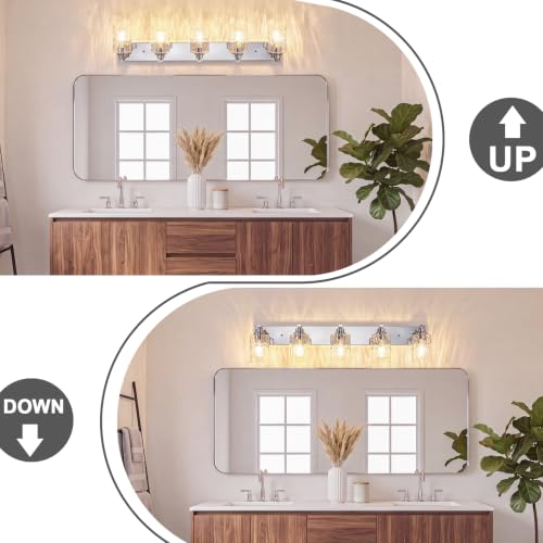 Image of 5-Light Bathroom Light Fixtures Modern Chrome Vanity Lights | Easy to Install Clear Hammered Glass Shades, Rippled Glow, Wall Mount Up or Down, E26 Socket, Hardwired, 120V