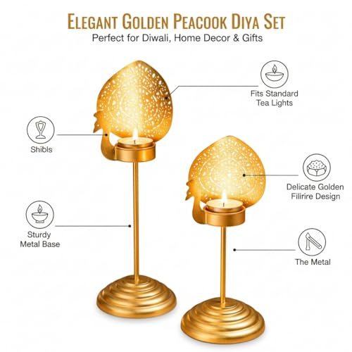 Image of Peacock Tealight Candle Holder Stand Set of 4 | Iron Gold Coated Tea Light Candle Stand | Side Table Showpiece | Perfect for Pooja Rooms, Diwali Decoration & Gifting