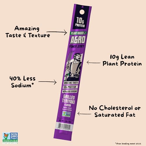 Image of Grilled Teriyaki Vegan Jerky Sticks High Protein Plant Based Snack 7 Sticks | AGRO POWER Jerky Sticks, High Protein, Non-GMO, Low Sodium, No Cholesterol, Meatless Healthy Snack for Lunch, On-the Go Fuel