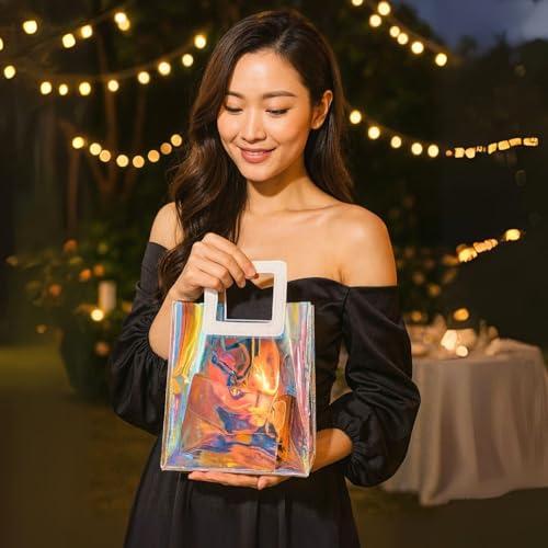 Image of SATYAM KRAFT 48 Pcs Transparent Reusable Leather Goodie Bags | Elegant Gift Bags for Her /Him Wedding Return Favors, Engagement Hampers, Marriage, Birthday & Festival Gifting | Handle Hamper Shopping Carry Bags (Rainbow White Square)