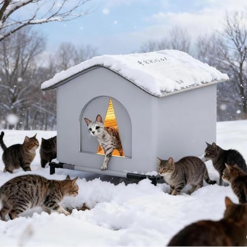 Insulated Outdoor Cat House Waterproof for Winter, Heated Cat House for Outside Cats Winter with Sponge Layer & Raised Floor,Weatherproof Insulated Shelter for Stray Feral Barn Cat (Grey, 40cm)