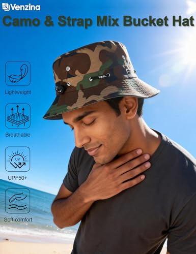 Image of Venzina Bucket Hat for Men Hat Cap for Men UPF 50+ UV Protection Packable Fisherman Sun Hat for Women Solid Reversible Camouflage Styles Beach Commute Travel Outdoor Hiking Round Cap