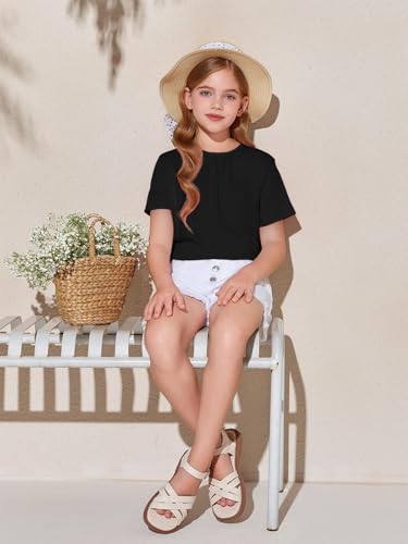 Image of Haloumoning Girls Short Sleeve T Shirts Kids Summer Pleated Tops Casual Crewneck Tees 5-14 Years