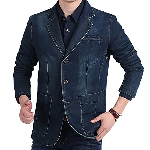 Flygo Men's Casual 3 Buttons Denim Blazer Slim Lapel Washed Denim Suit Jacket