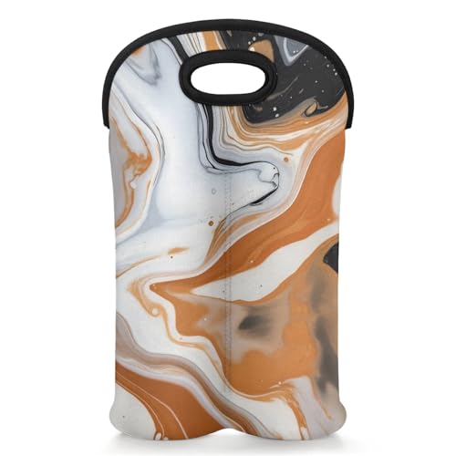 GzLeyigou 2 Bottles Luxurious Marble Texture Wine Bag Sleeve Totes Orange Neoprene Protective Wine Carrier Bag for Wine,Water, Champagne, Beer, Baby Bottles,Gift 14.5 x 10 Inches
