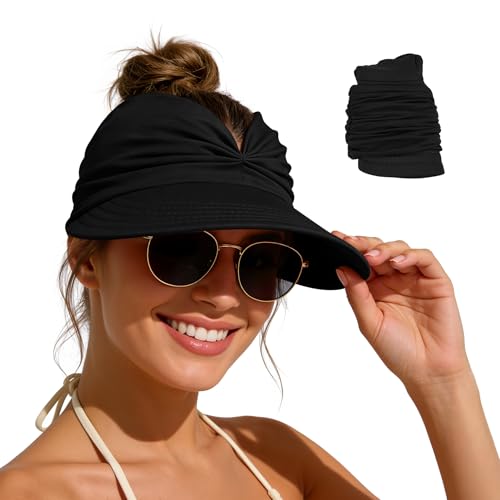 Zando Black Sun Visor Hats for Women - Beach Wide Brim Fashion Hat With Ponytail UV Protection Quick Dry Lightweight Open Top Summer Cap for Travel Vacation Golf Tennis Casual One Size