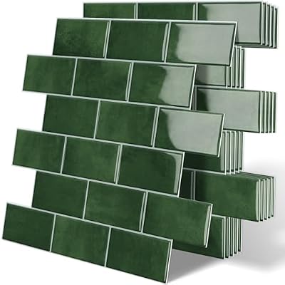 Tiwoos Thick Green Peel and Stick Backsplash Subway Tile 3D Brick Self Adhesvie Wall Tiles for Kitchen Bathroom (10-Sheet, 12"×12")