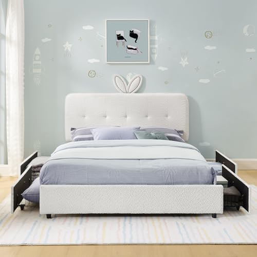 Image of Full Led Bed Frame with 4 Storage Drawer, Upholstered Platform Floor Bed with Rabbit Ear Headboard Daybed Strong Wooden Slats No Box Spring Needed for Kids Girls Boys, Beige