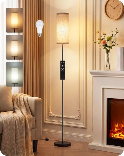 64.4” Dimmable Floor Lamp for Living Room with Remote and Foot Switch, Modern Standing Tall Lamp, Corner Floor Lamp for Bedroom, 10W 900LM LED Bulb Included, 3000K-6500K, Beige, FCC Listed E06LD05W1