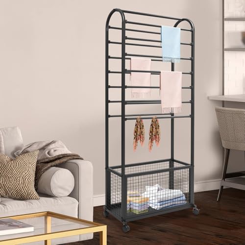 Image of CNCEST Double-Sided Ribbon Holder Organizer Rack,Free Standing Mobile Ribbon Holder,Metal Ribbon Stand Organizer,Ribbon Display Rack Storage Shelf for Craft Room,Wrapping Paper (Black,27.6x11.8x65in)