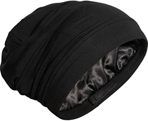 Satin Bonnet Lined Sleeping Beanie Hat Bamboo Headwear Frizzy Natural Hair Nurse Cap for Women and Men (Black)