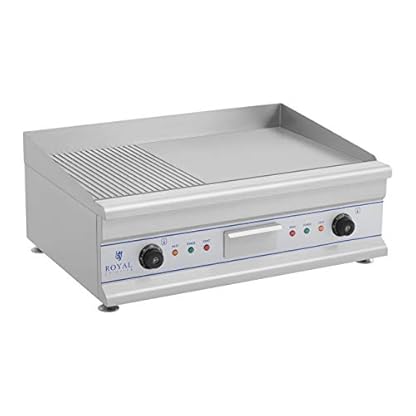 Royal Catering RCG 75G Elektrogrill Tischgrill Grillplatte Gastrogrill Edelstahl (2 x 3200 W, Geriffelt, Glatt, Spritzschutz, Ablaufvorrichtung, bis 300 °C, 75 x 52 x 28 cm) – Bild 3