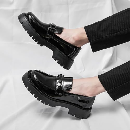 Men's Patent Leather Platform Chunky Slip-on Penny Loafers Classic Round Toe Slip-on Non-Slip Lug Sole Business Dress Shoes for Formal Parties Wedding Work Shoes4