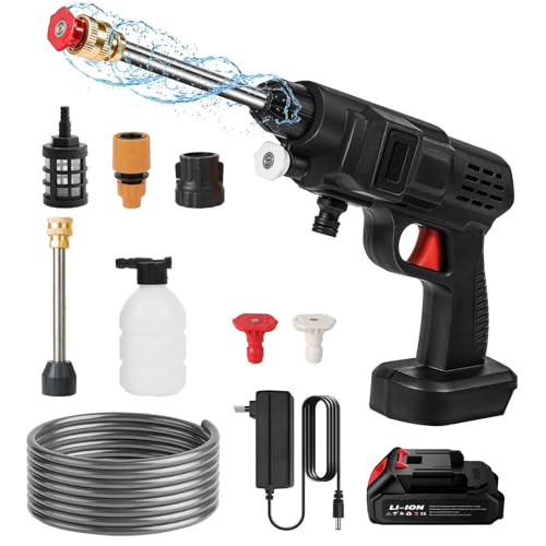 20 bar 200 W - Limpiador de alta presión inalámbrico, 21 V, con manguera de 5 m y batería, pistola de chorro de agua eléctrica de 5 l/min para coches, casa, jardín (1 batería)
