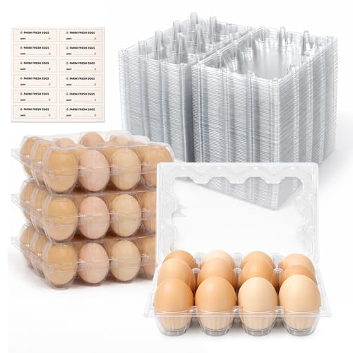 WIKDAY Egg Cartons Cheap Bulk 100 Pack 12 Count Plastic Clear Dozen Reusable Empty Egg Containers for Chicken Eggs Storage with Date Tracking Stickers