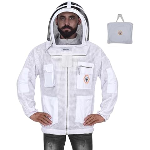 Bee Proof BP-301 Beekeeping Jacket with Veil, 3-Layer Ultra Ventilated Suit for Full Protection, Safety Fencing, YKK Brass Zippers, and Carrying Bag - Large (White) Cover