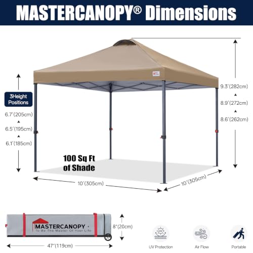 Image of MASTERCANOPY 10x10 Durable Pop Up Canopy Tent with Roller Bag, Khaki