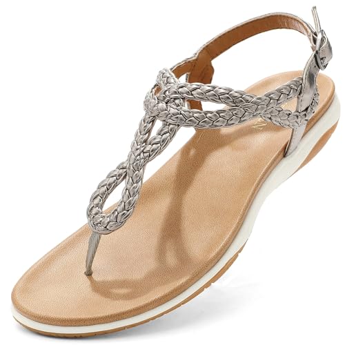 Image of UBFEN Womens Flat Sandals Dress Braided T-Strap Thong Sandals with Arch Support Comfortable for Walking