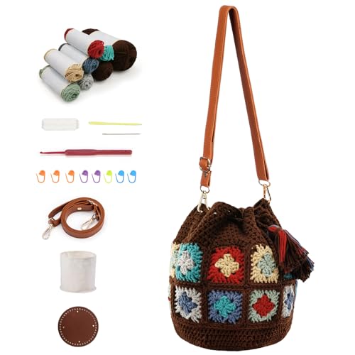 Image of Noocro Crochet Kit for Advanced or Intermediate Beginner DIY Granny Square Bucket Bag, Purse with Step by Step Tutorial Video and Detailed Instruction Complete Kit Craft Holiday Gift (Chestnut)
