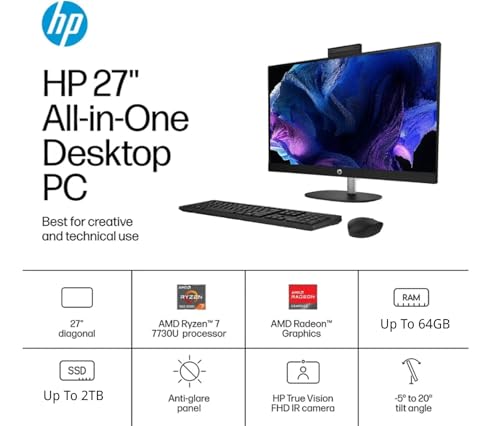 Image of HP 27 inch FHD Touchscreen All-in-One Desktop, AMD Ryzen 7 (Up to 4.5GHz), 64GB RAM, 2.5TB Storage (2TB PCIe+500GB External Drive), Wi-Fi 6, USB-C, Wireless KB & Mouse, Windows 11