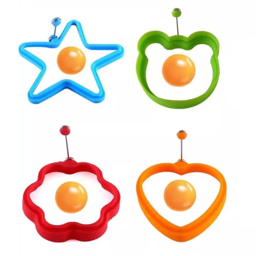 食品グレードシリコン製エッグリングセット、4個入りノンスティック目玉焼き型、かわいい星、ハート、クマ、花の形の目玉焼きリング型 (カラフルC)