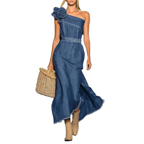 Womens One Shoulder Flowy Denim Dress Sleeveless A Line Bandeau Jean Dresses Sexy Bodycon Denim Maxi Long Dress