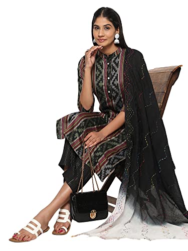 Image of Vbuyz Women's Cotton Blend Printed Straight Stitched Kurta Pant with Dupatta (VF-KU-1949-SKD-38 Black Medium)